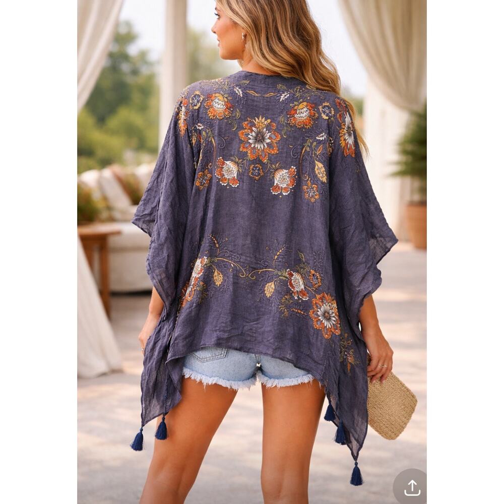 Vince Camuto Gray Blue Boho Floral Kimono New - Picture 2 of 2